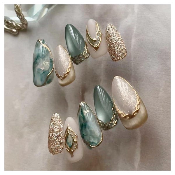 Press On Nails Kurz Dunkelblau Marmor Gold Cat Eye Almond AK 1 St