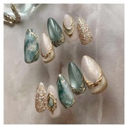 Press On Nails Kurz Dunkelblau Marmor Gold Cat Eye Almond AK 1 St