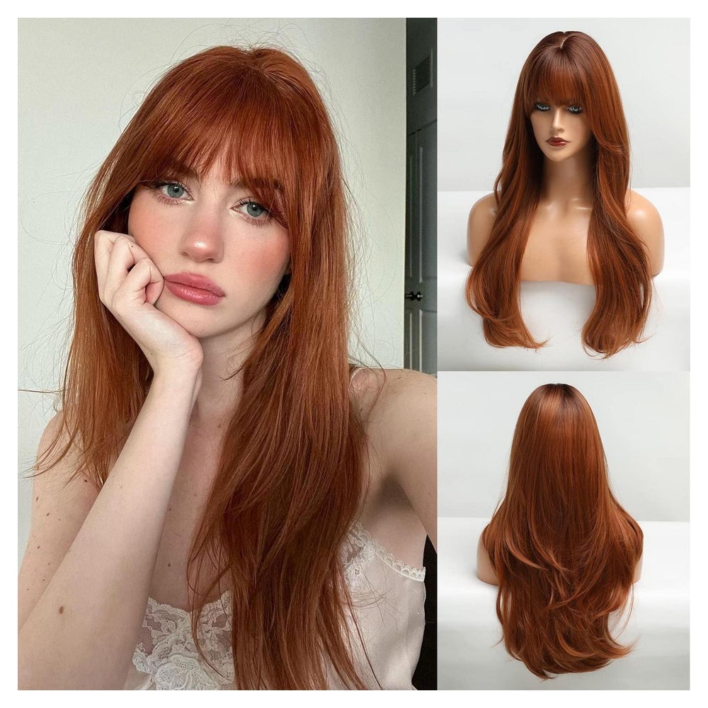 Perücke Pony Layered Lockig Orange Damen Synthetisch Auburn 1 St
