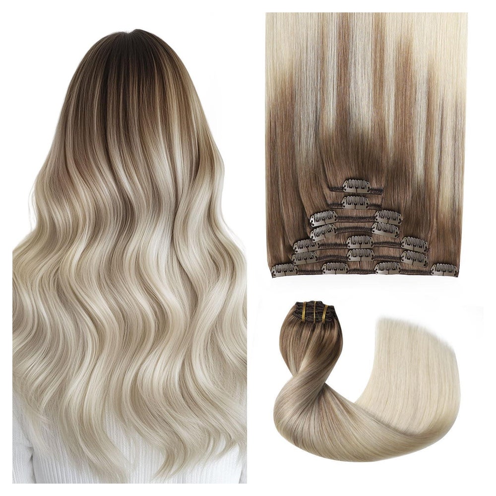 Clip in Extensions Echthaar Remy 45cm #8 60 Hellbraun bis Pl 1 St