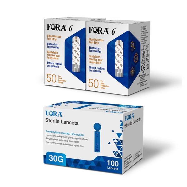 FORA 6 Glukoseteststreifen + FORA Lanzetten 30G - The Tester 1 St