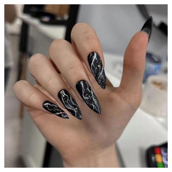 Kunstnägel Stiletto Glitzer Schwarz French Lang Black &amp; 1 St