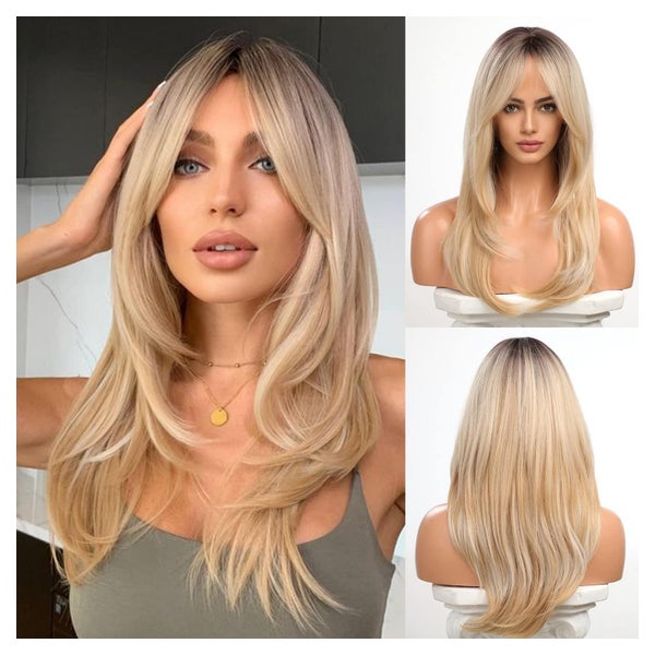 Perücken Vorhang Bangs Frauen Kunstfaser dunkel ombre blond1 1 St
