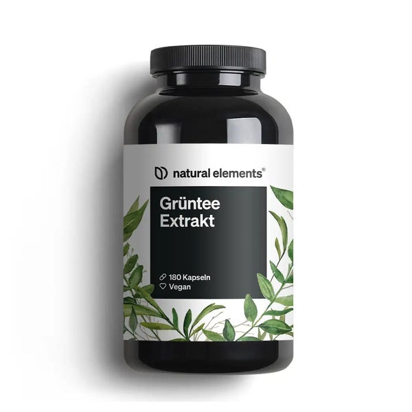 natural elements Grüntee Extrakt – 180 Kapseln – 1998 mg Grüner Tee Extrakt pro Tagesdosis – mit ECGC und Polyphenolen – vegan, hochdosiert, ohne Zusätze 180 St