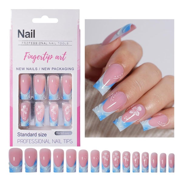 Falsche Nägel 30 Französisch Blumenmuster French Blue 1 ml ( 1 St