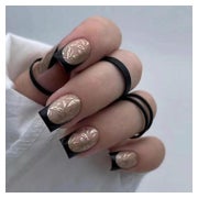 24 Stück Press on Nägel Eckig Nude French Schwarz Gold Blätt 1 St