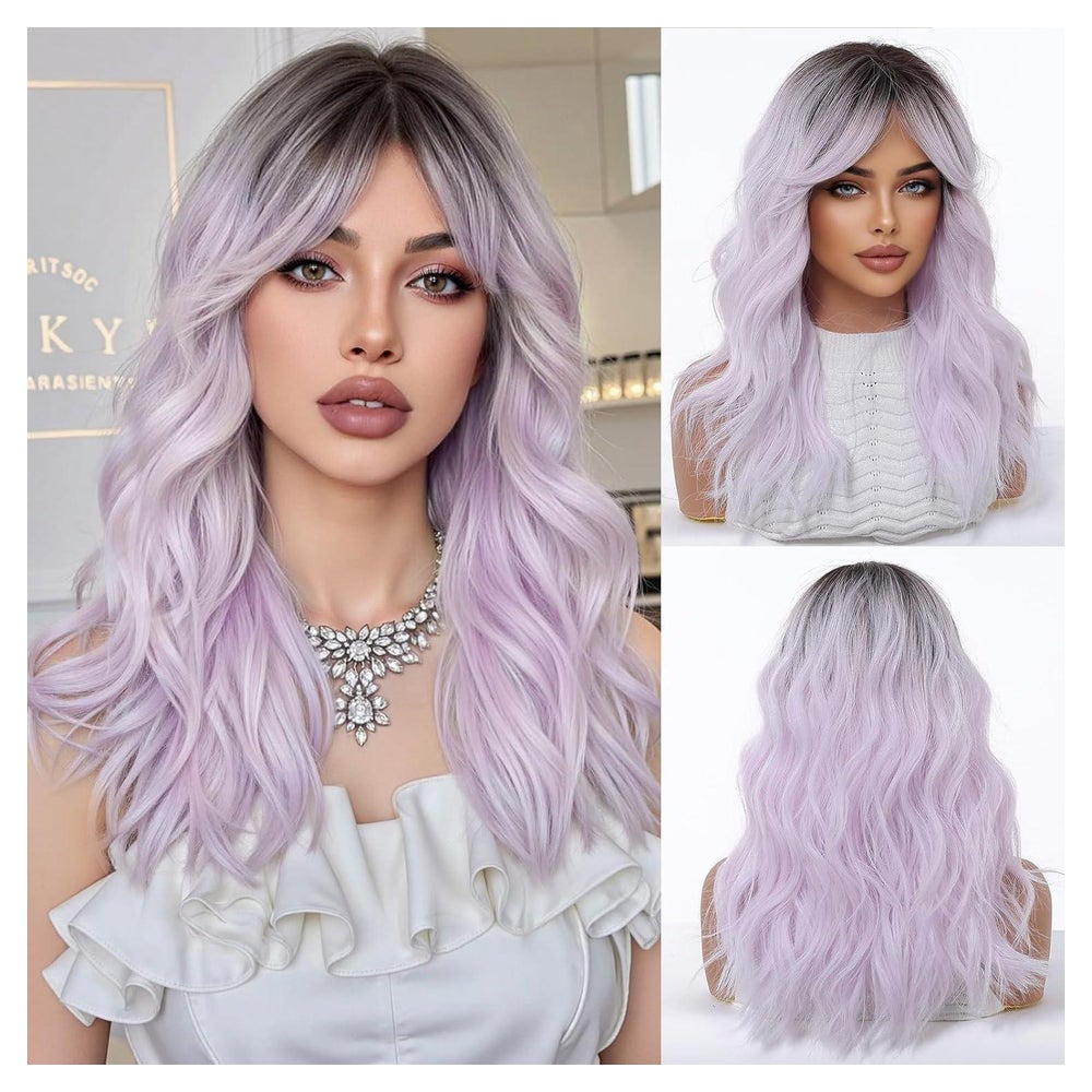 Perücken lange gewellt Pony synthetisch Ombre hellviolett (1 1 St
