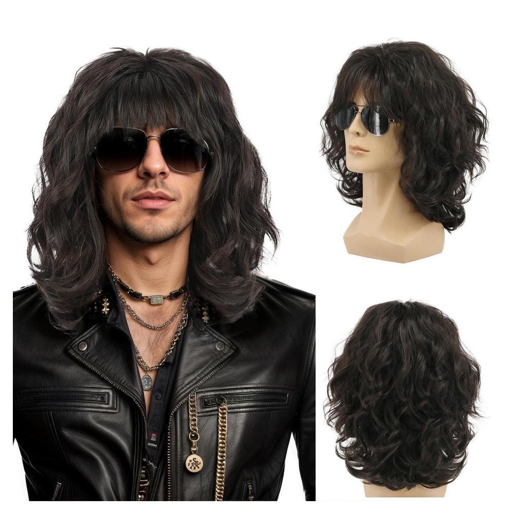Perücke Mullet lang lockig dunkelbraun 70er 80er hitzebestän 1 St