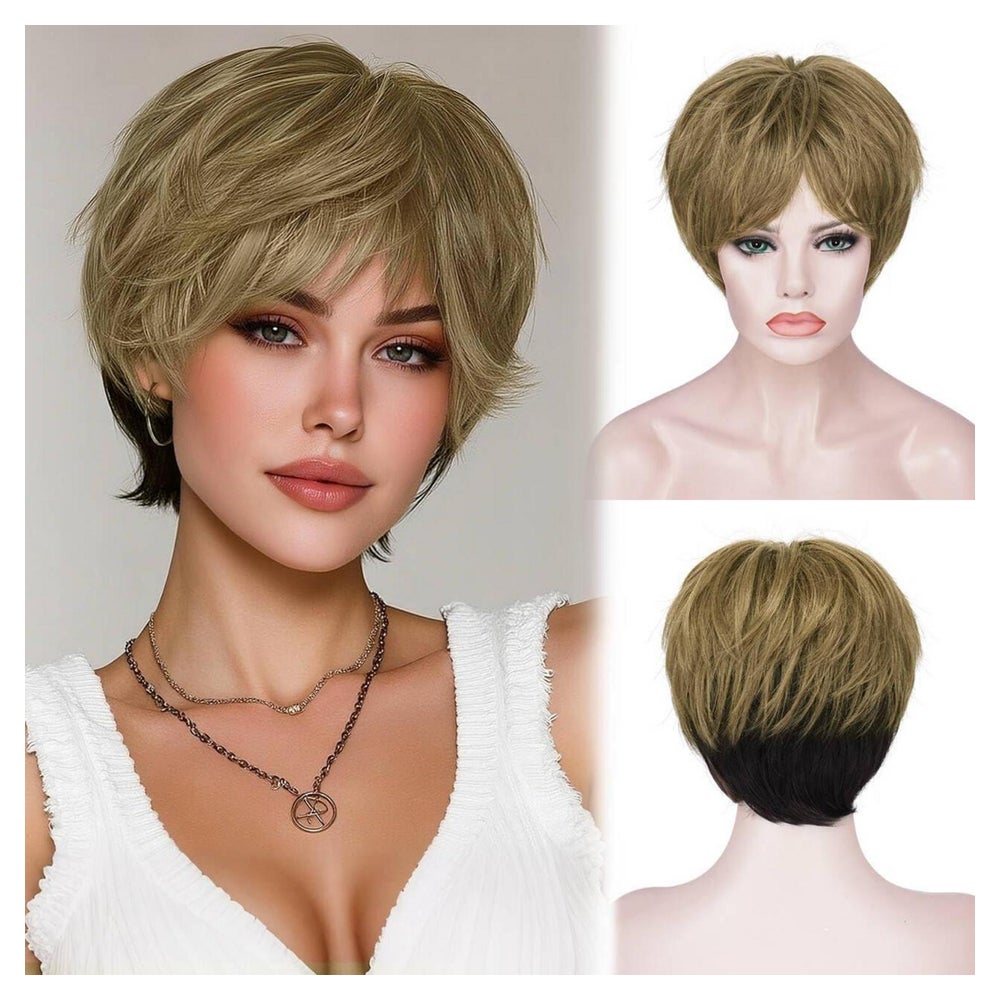Perücke Pixie Cut Pony Damen Honigblond mit Schwarzem Untert 1 St