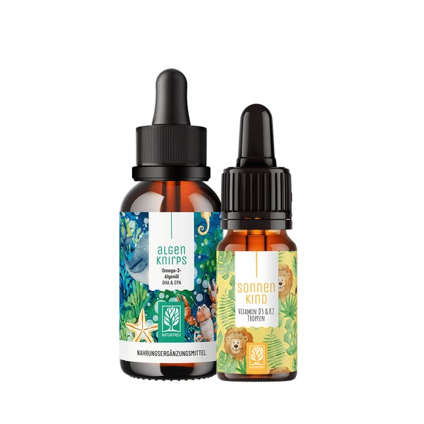 Kraftzwerge Paket: Vitamin D3 + K2 Tropfen & Algentropfen für Kinder in einem veganen Bundle - SONNENKIND & ALGENKNIRPS - NATURTREU® 60.0 g