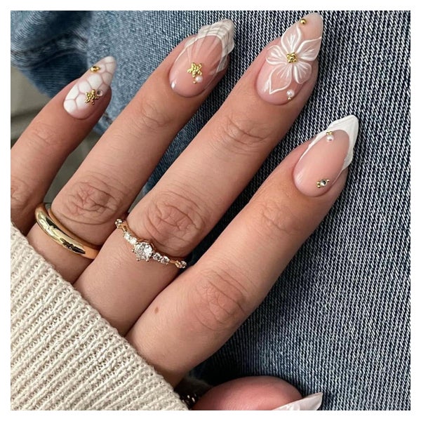 Künstliche Fingernägel Kurz French 3D Blumen Ombre Weiß FC-D 1 St