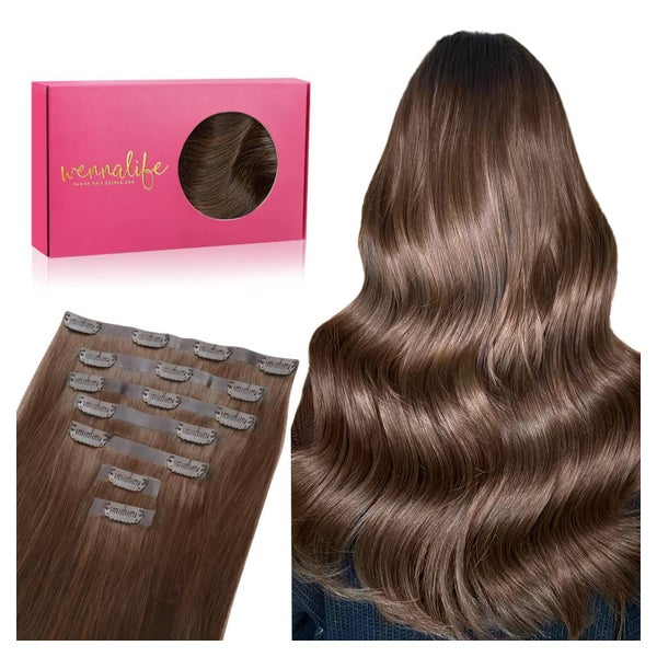 WENNALIFE Nahtlose Clip In Extensions Echthaar, 50cm, 150g, Schokoladenbraun