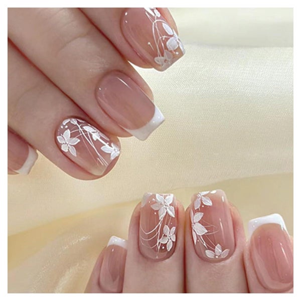 FEMBW Kurze Quadratische Press on Nails Nude mit Blumenmuster