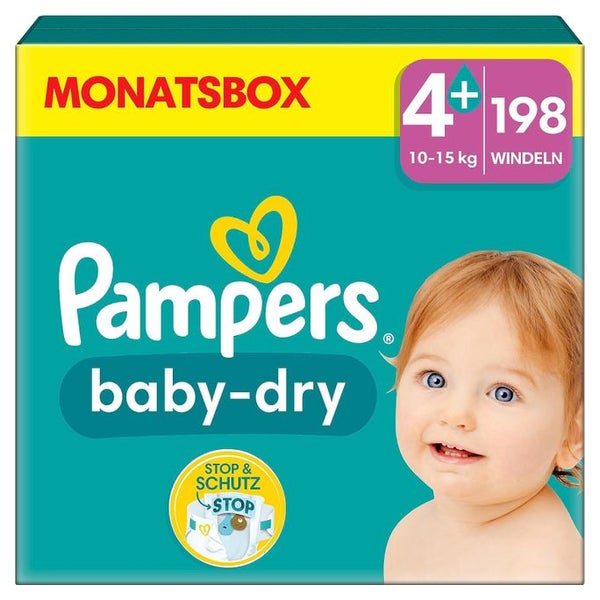 Pampers Baby Dry Windeln Größe 4+ Maxi Plus, 10-15 kg – doppeltes Sicherheitsbündchen - 1 Monatsbox = 198 Windeln 198 St