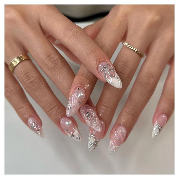 Kunstnägel 24 Stück Weiß Kurz Mandel Press Nails Bow 11white 1 St