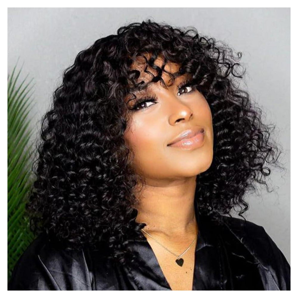 Perücke Echthaar Pony Kurzbob Locken Jerry Curl 150 Dichte 3 1 St