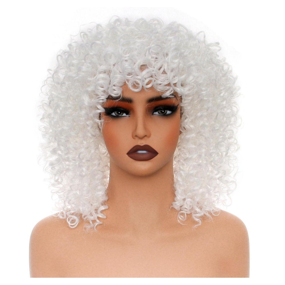 Perücke Afro Lockig Bob Pony Kunsthaar 35cm Damen Weiß 1 St