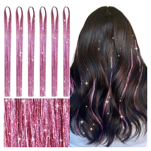 Haarlametta Glitzer Haarsträhnen Pink 120cm - 6er-Pack T-#Pi 1 St