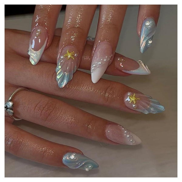 Press Nails Kurz Almond 3D Muscheln Perle Seesterne AKG3 1 St