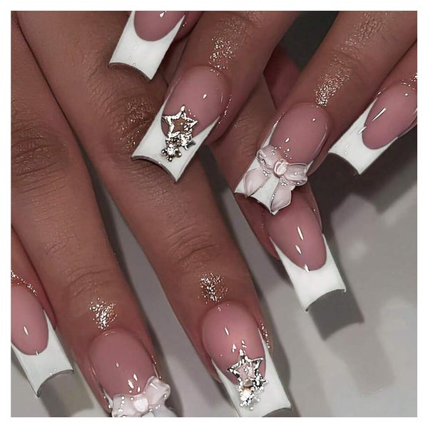 Press On Nägel Extra Long Square Acrylic French Weiß 1 St