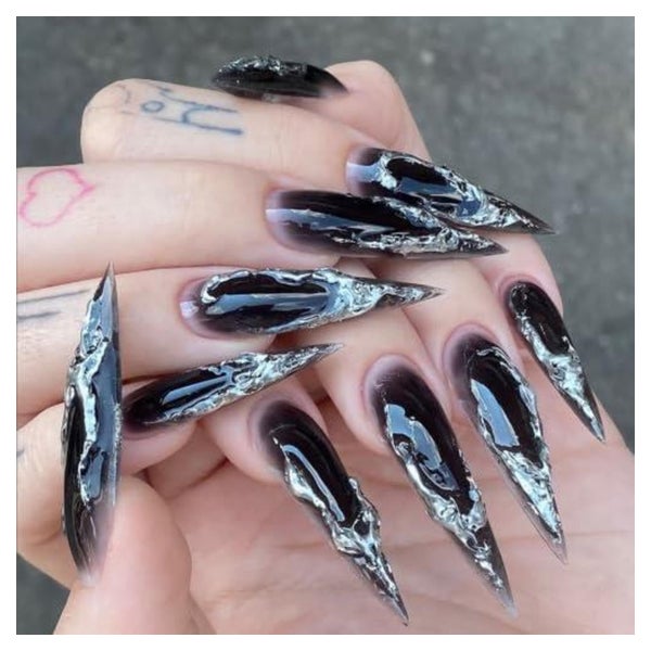 Künstliche Fingernägel Stiletto Schwarz 3D Silber Gothic BBA 1 St