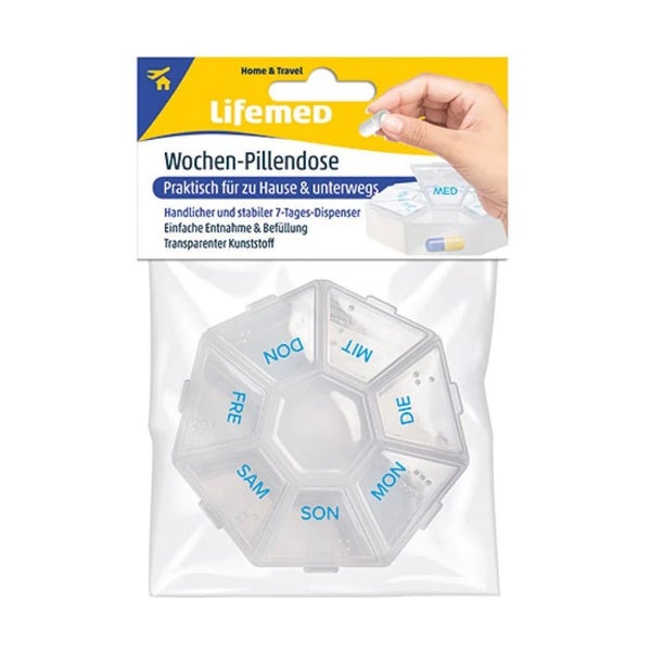 Lifemed Wochen-Pillendose mit 7 Fächern Wochendispenser 7,5 x 7,5 x 1,7 cm 5 St