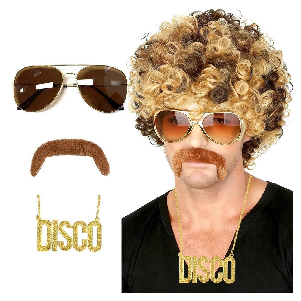 Perücke 70er Afro Braun-Blond Schnurrbart Pilotenbrille Disc 1 St