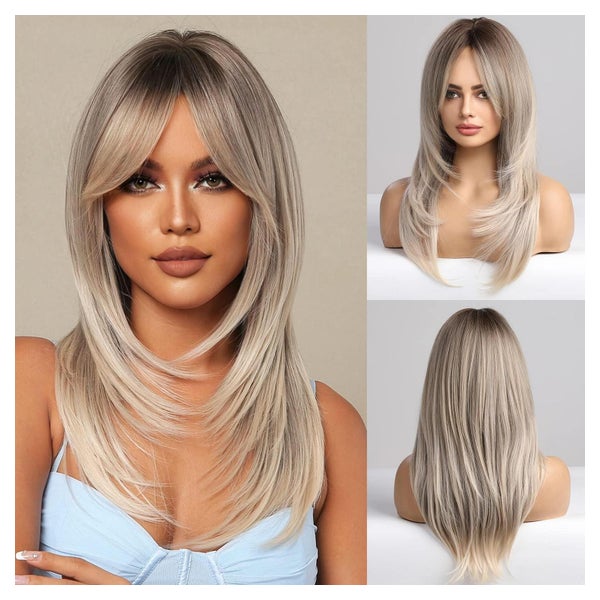 Perücken Damen Ombre Bangs Hitzebeständig Synthetik Grau Blo 1 St