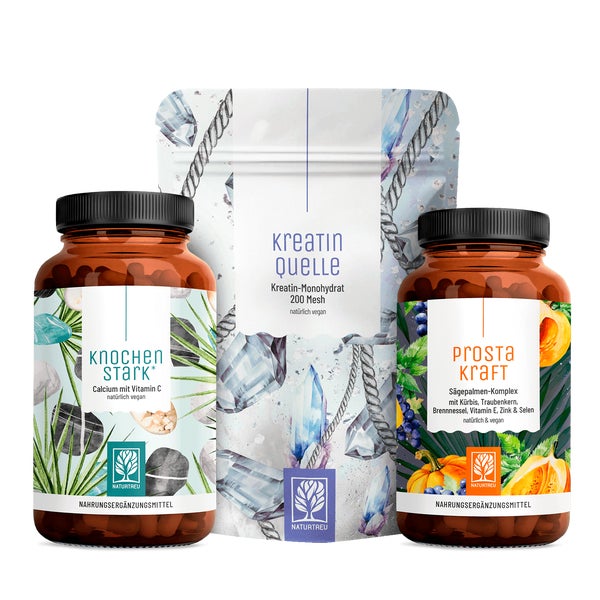 Goldene Jahre Paket: Calcium + Vitamin C, Kreatin Monohydrat & Sägepalme + Kürbis in einem veganen Bundle - KNOCHENSTARK, KREATINQUELLE & PROSTAKRAFT - NATURTREU® 694.1 g