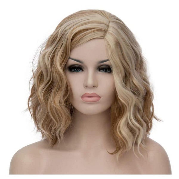 PORSMEER Damen Perücke Kurzer Bob Locken, Mittelteil, Blond gemischt Braun, 14