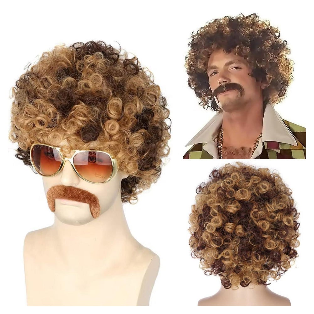 Perücke Herren 70er Afro Blond Schwarz Schnurrbart Disco-Per 1 St