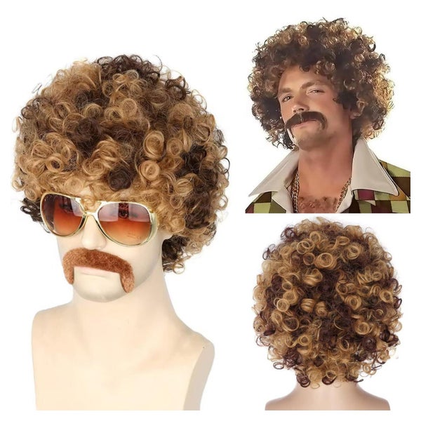 Perücke Herren 70er Afro Blond Schwarz Schnurrbart Disco-Per 1 St
