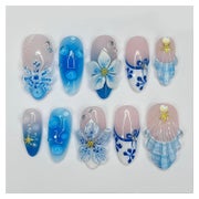 Press On Nägel 24 Mandel Blau French 3D Blumen Seestern styl 1 St