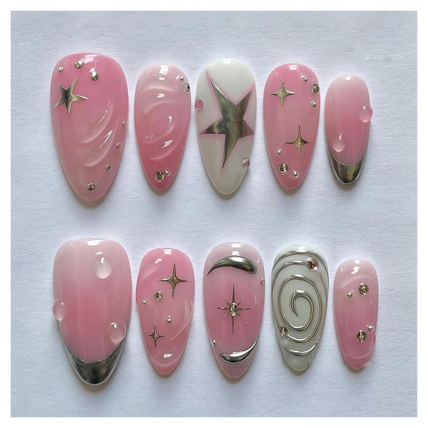 Press On Nails Short Almond Pink 3D Stern Kreis Full Cover s 1 St