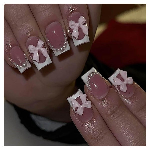 Kurze Press on Nägel Quadratisch Weiße French Tip Rosa Acryl 1 St