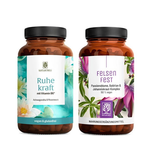 Anti-Stress Paket: Ashwagandha + Rosenwurz & Johanniskraut, Baldrian + Passionsblume in einem veganen Bundle - RUHEPOL & FELSENFEST - NATURTREU® 98.4 g