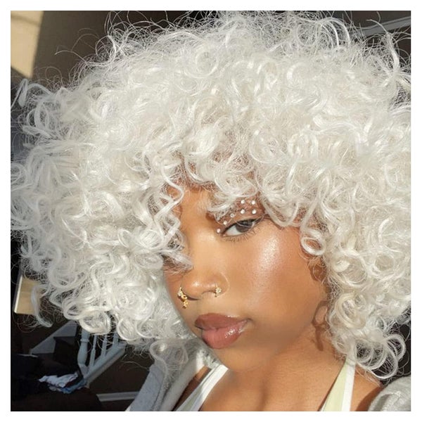 Perücke Afro Damen kurz kinky Locken Pony synthetisch Weiß 1 St
