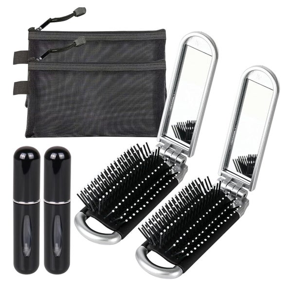 2 Mini Reise Haarbürsten Set mit Spiegel, Faltbare Bürsten & 1 St