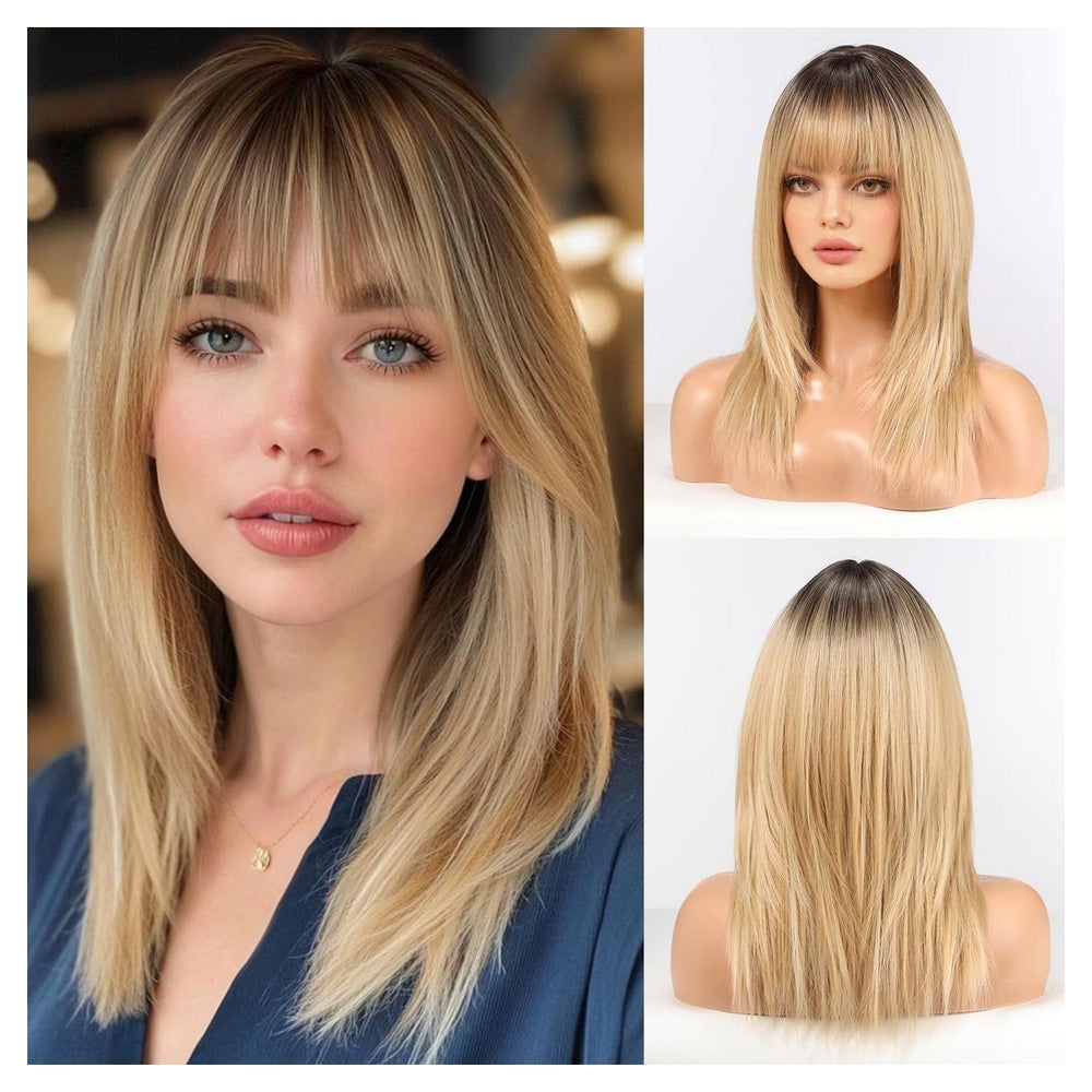 Perücke Damen Gerade Schulterlang Synthetisch Bangs Ombre Bl 1 St
