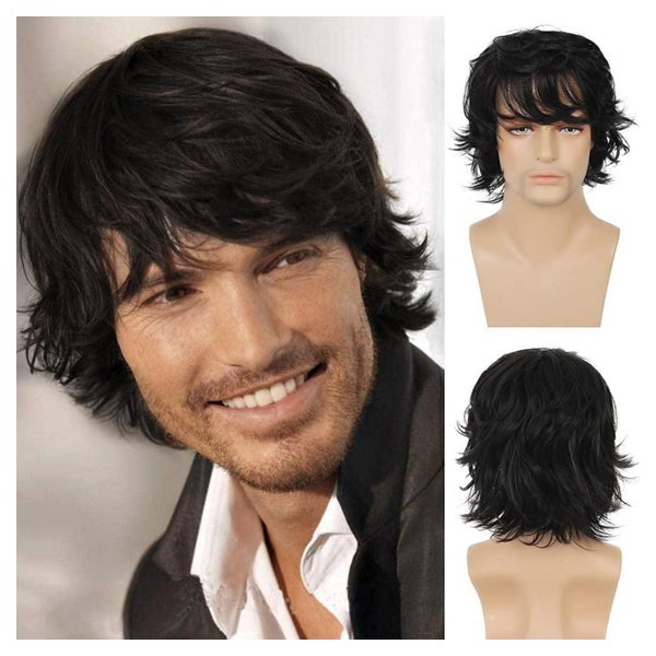 Herren Schwarz Kurz Perücke Layered Wave Synthetische Cospla 1 St