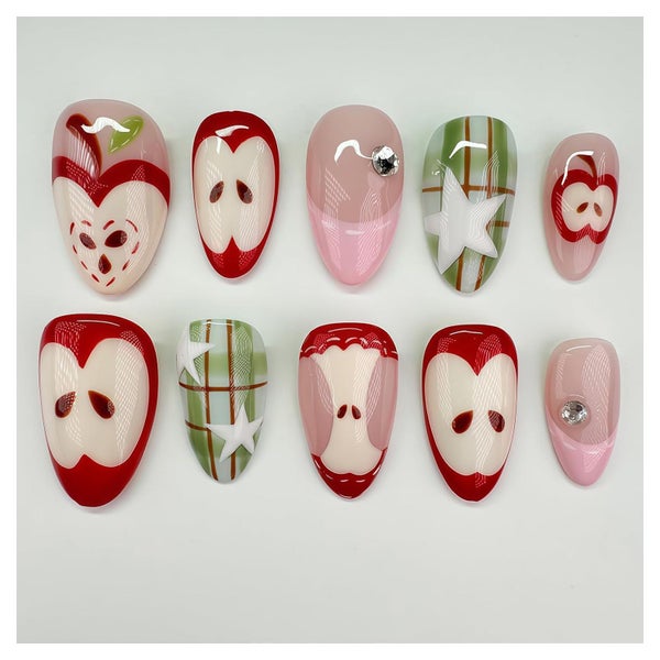 Acrylnägel 24 Stück Almond Medium French Tip Apfelmotiv 3D s 1 St