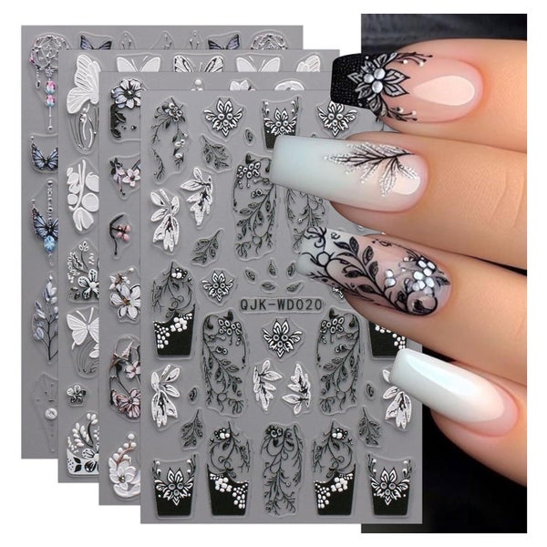 Nagelsticker 6 Blatt schwarz-weiße Blumen selbstklebend 1 St