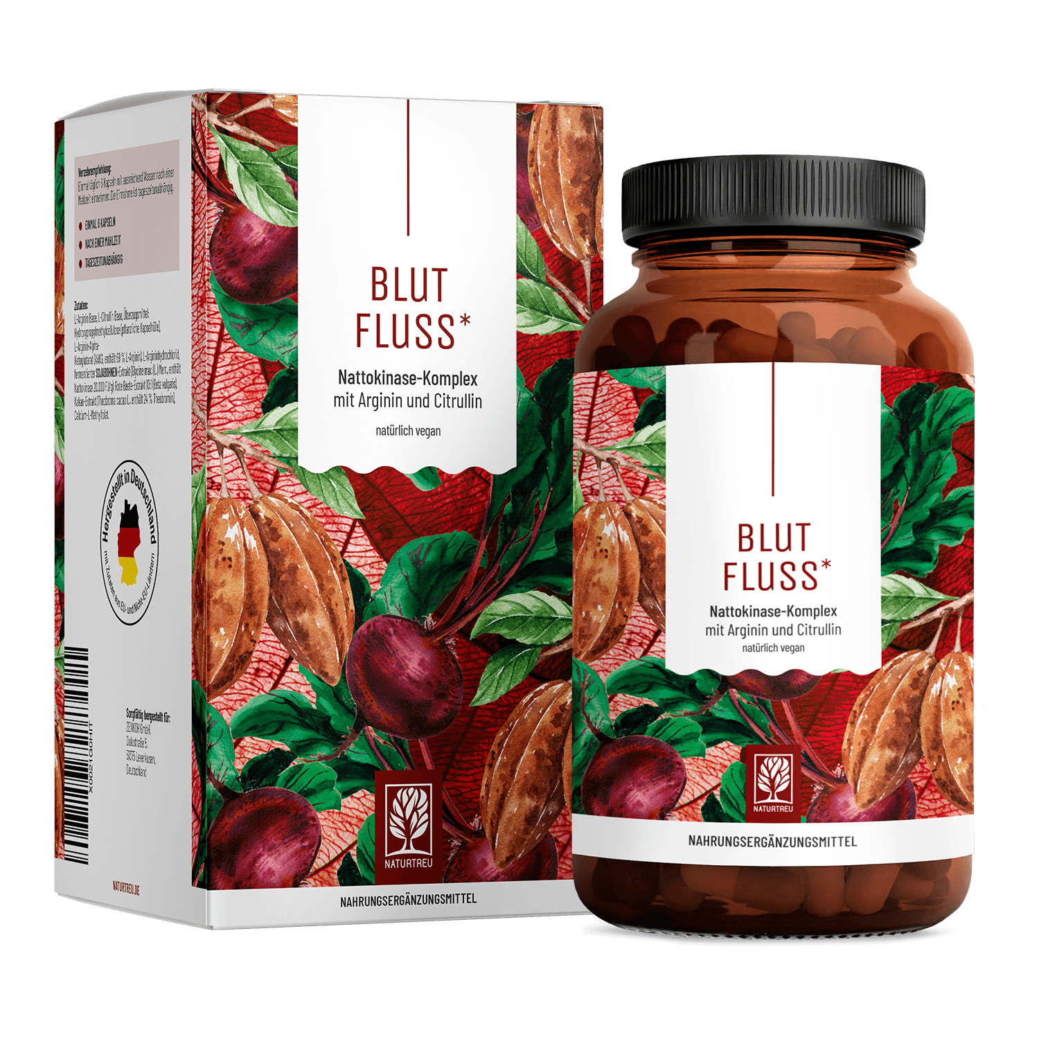 Nattokinase Komplex mit Citrullin und Arginin - L-Arginin Base, L-Arginin (AAKG), L-Citrullin Base - BLUTFLUSS - 180 vegane Kapseln - NATURTREU® 180 St