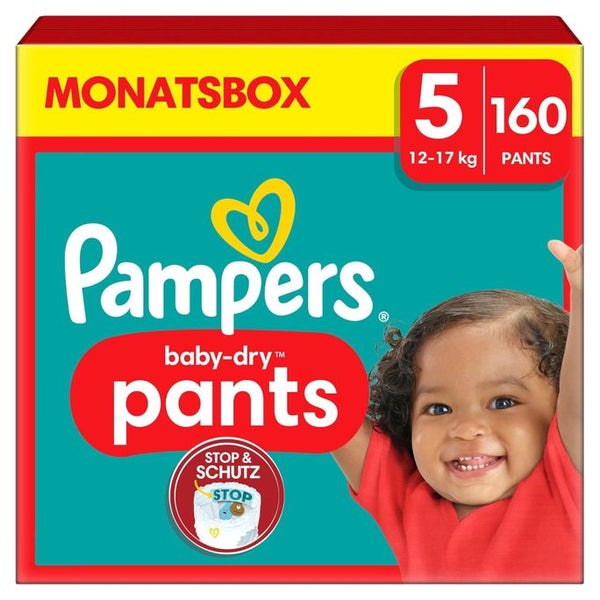 Pampers Baby Dry Pants Höschenwindeln Größe 5 Junior, 12-17 kg – verstärkte Sicherheitsbündchen 160 St
