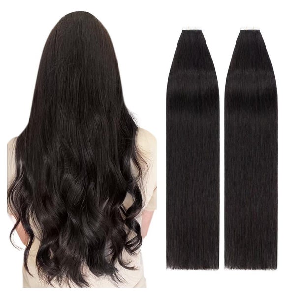 TESS Tape Extensions Echthaar Schwarz 55 cm, 40 Stück, 100g Remy Human Hair