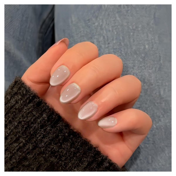 Press On Nails Soft Gel Kurz Mandel Cat Eye Oval Glas Beige 1 St