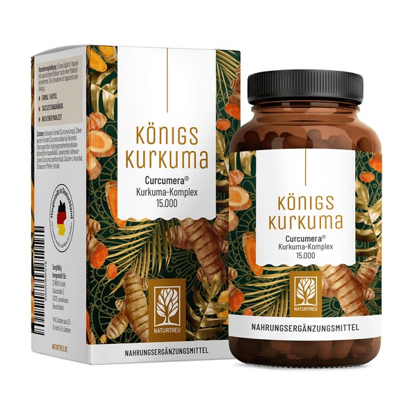 Kurkuma Komplex aus Curcuma longa, Curcuma zanthorrhiza und Curcuma zedoaria mit Piperin & Vitamin C - KÖNIGSKURKUMA - 60 vegane Kapseln - NATURTREU® 60 St