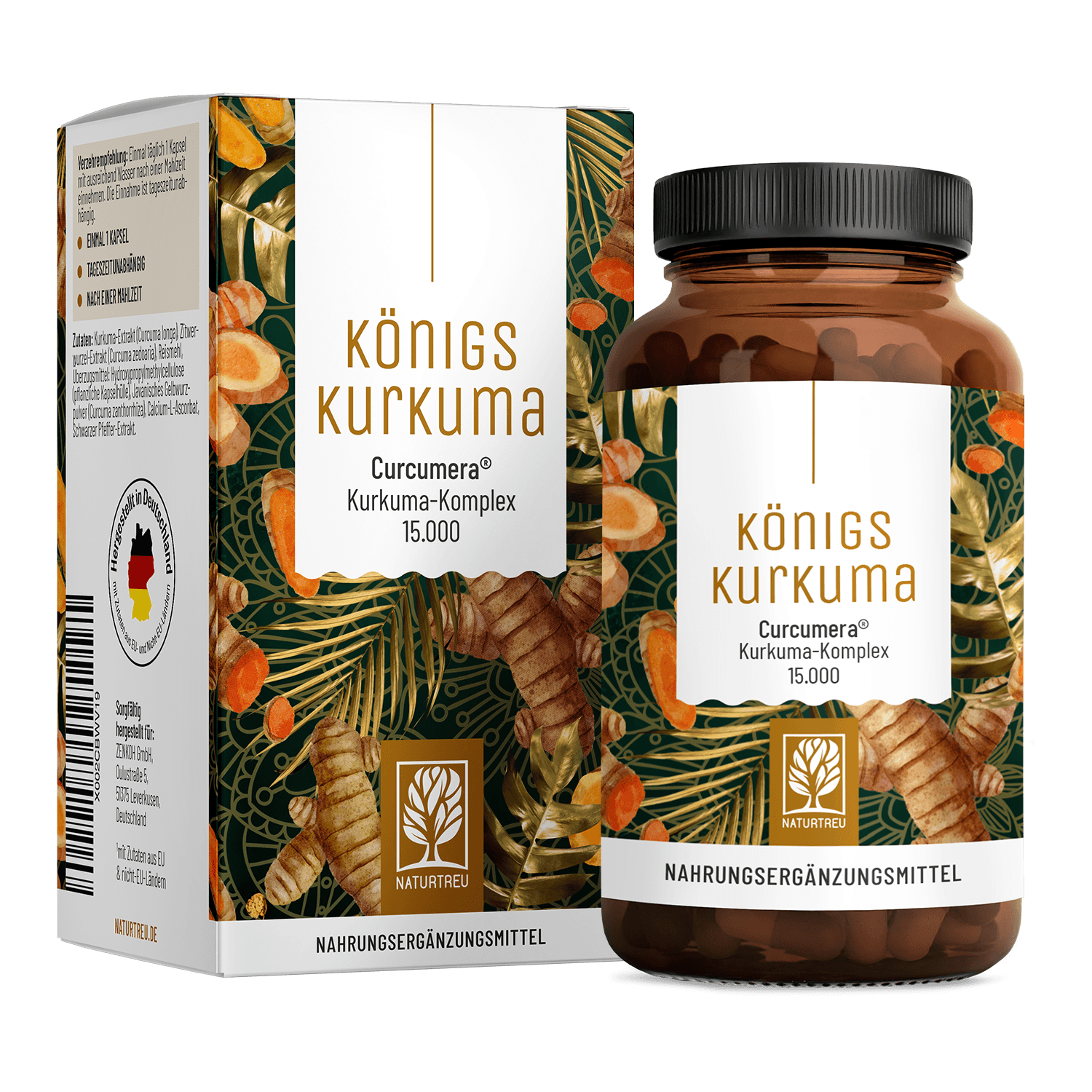 Produktabbildung: Kurkuma Komplex aus Curcuma longa, Curcuma zanthorrhiza und Curcuma zedoaria mit Piperin & Vitamin C - KÖNIGSKURKUMA - 60 vegane Kapseln - NATURTREU® 60 St