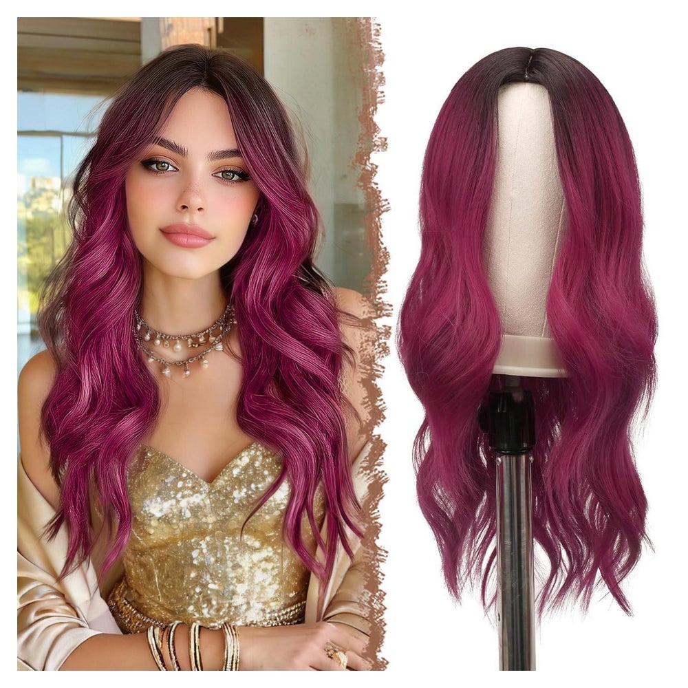 Perücke Damen Synthetik Locken Mittelscheitel Ombre Burgunde 1 St