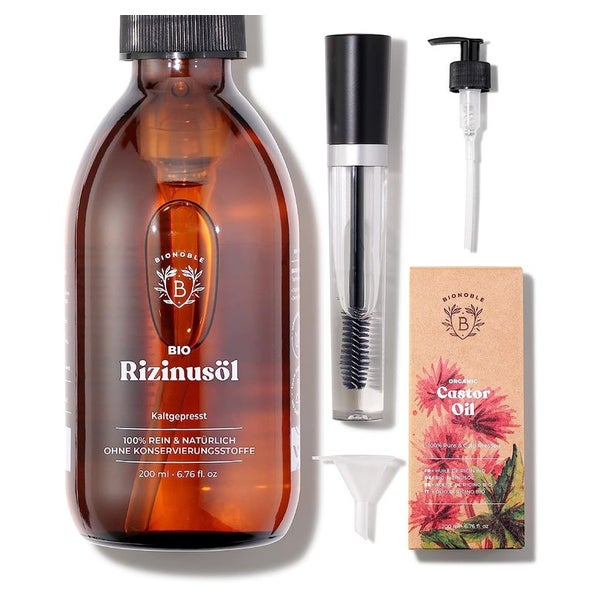 Bionoble Rizinusöl Bio - 100% Rein, Natürlich und Kaltgepress + Pumpe + Mascara Kit 200 ml